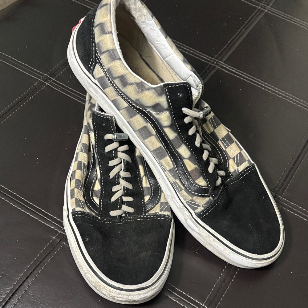 Vans Men's Black and Cream Checkered Sneakers
